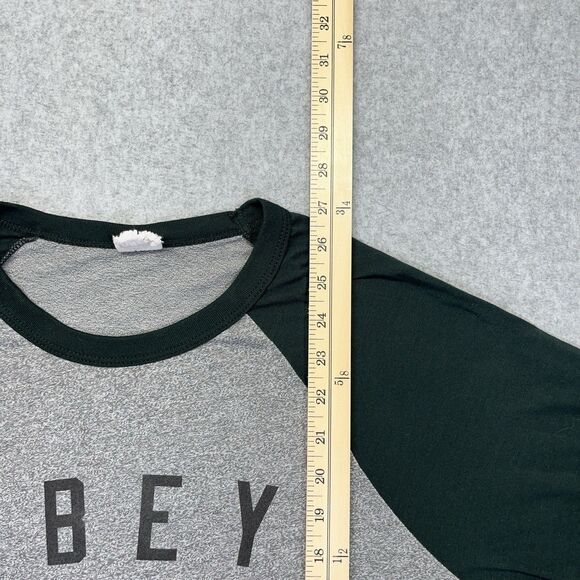 Obey Raglan T-Shirt Men’s Large Green Gray Made in USA Spellout Vintage Skate - Picture 8 of 9